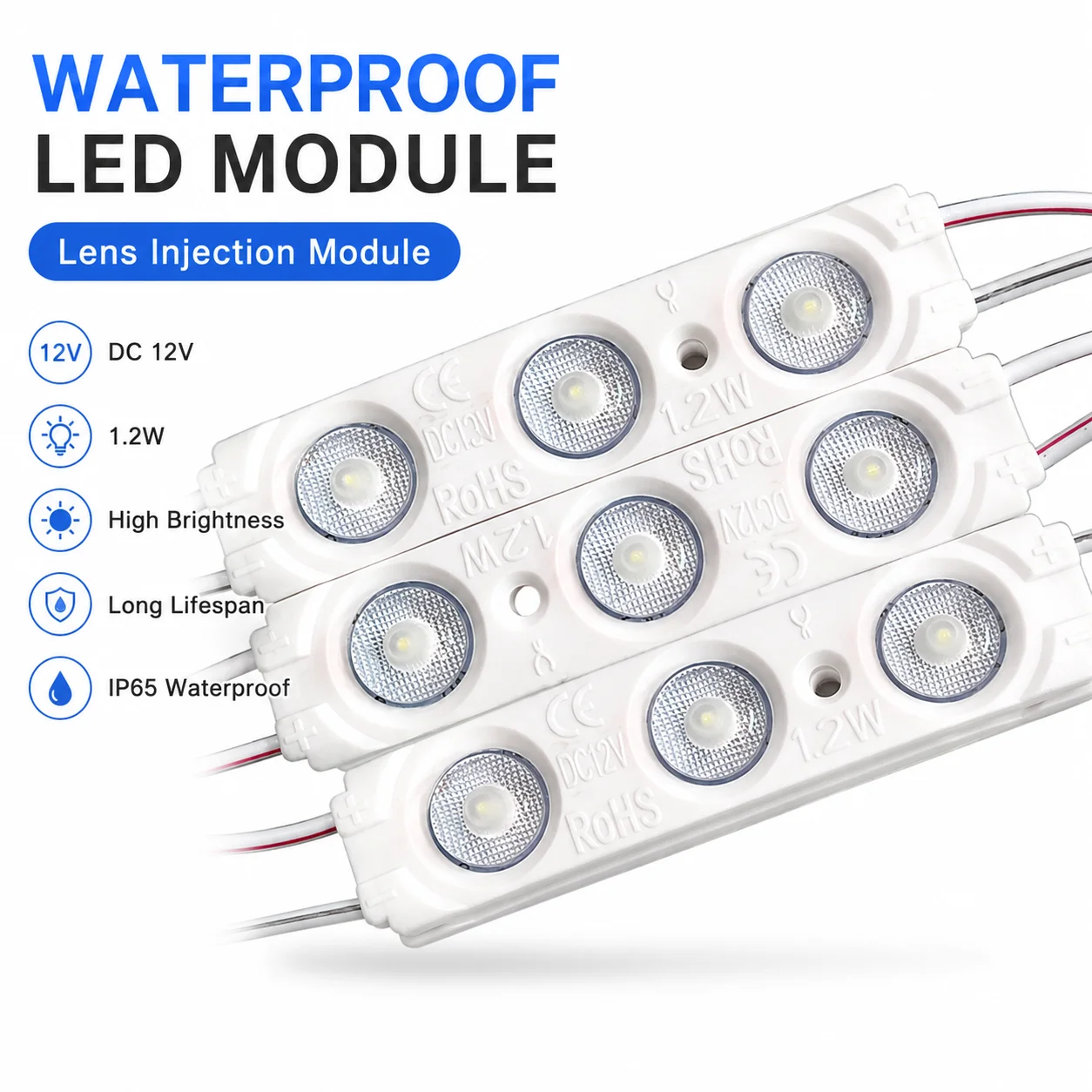 DC12V 1.2W 3 LED Injection Molded Lens Module Waterproof 160 Degree 150LM for Channel Letters Light Box Sign Advertising