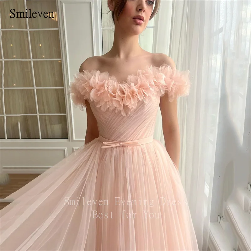 Smileven Pink Short Prom Dress A Line Off The Shoulder Evening Dresses Tea Length Formal PartyGowns Vestidos De Noche Customized