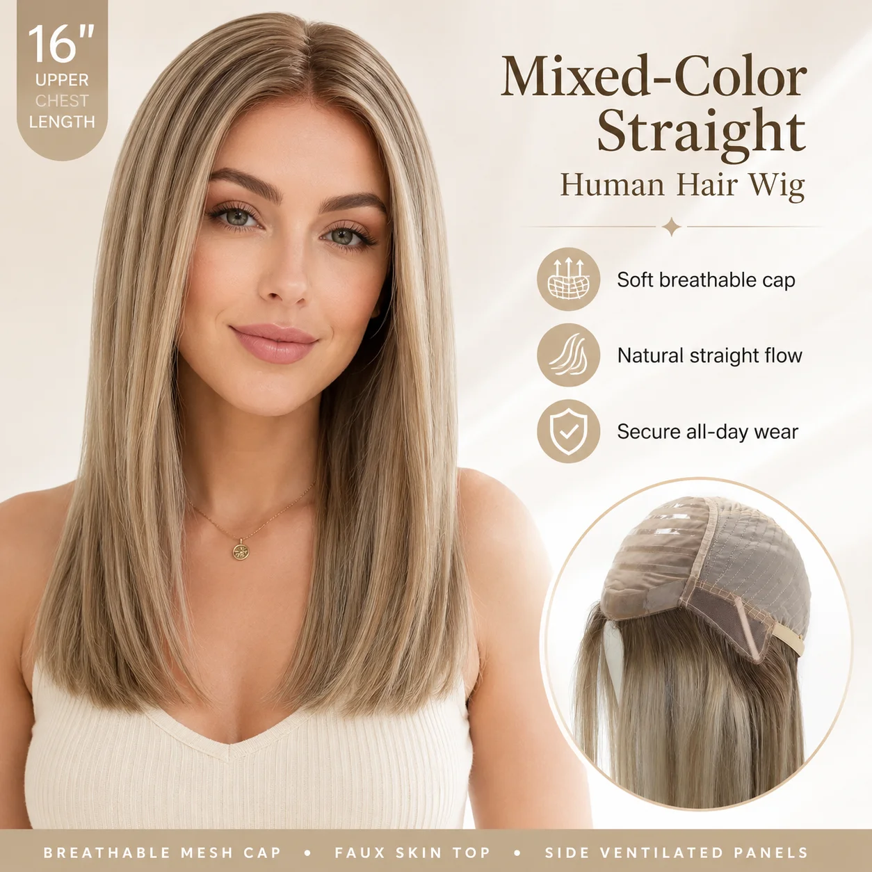 TUWG04 Natural Looking Silk Top Wigs for White Women Human Hair Wig for Thinning Hair Durable Hair Wigs with Realistic Hairline