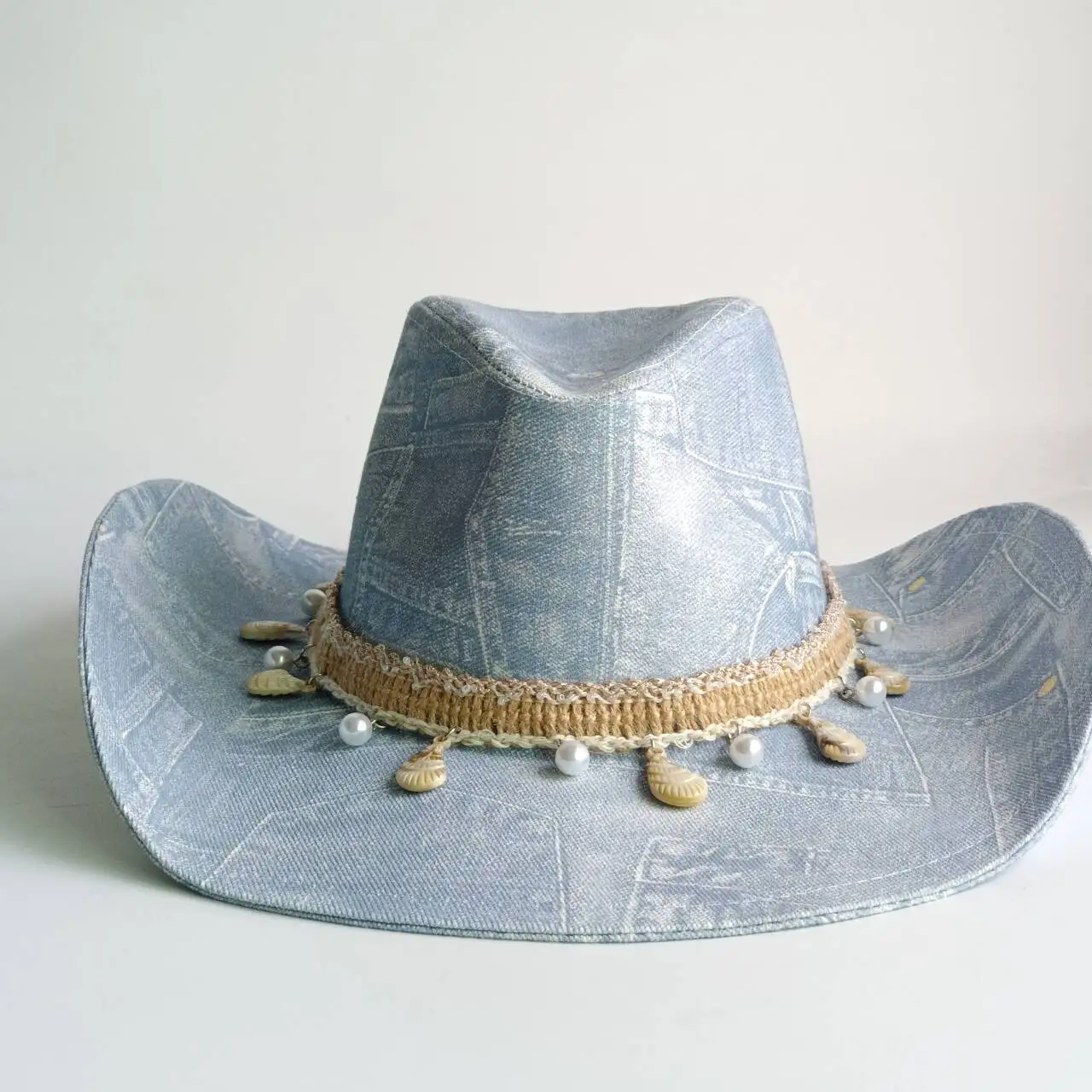 NewLight Blue Denim Print Cowboy Hat with Shell Pearl Tassel, Boho Wide Brim Western Cowgirl Hat for WomenBeachVacation Festiva