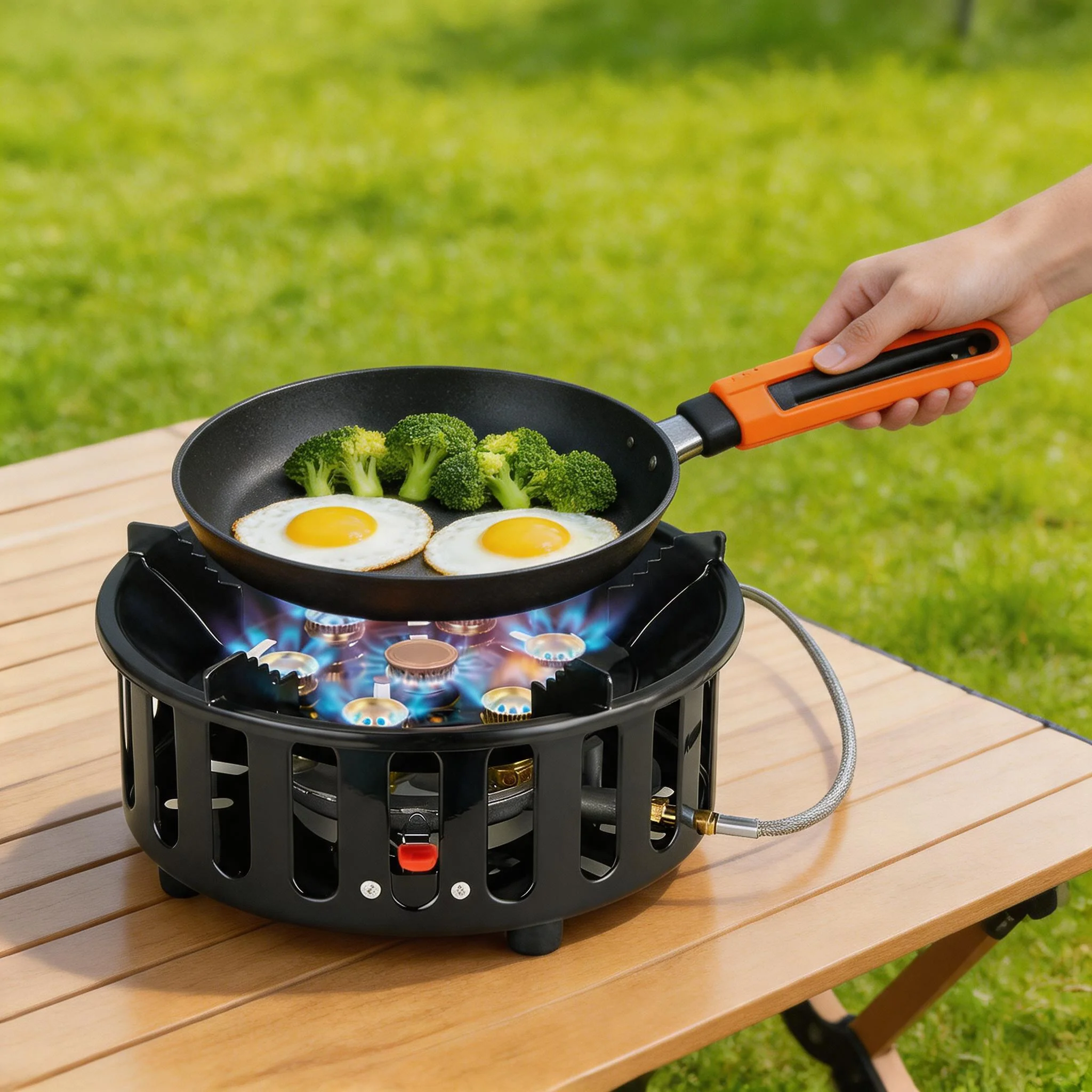 Estufa de Camping de 7 Quemadores, Quemador de Gas Ajustable con Bolsa de Transporte, 3 Adaptadores, Diseño de una Pieza, Anillo Cortavientos para Cocinar al Aire Libre