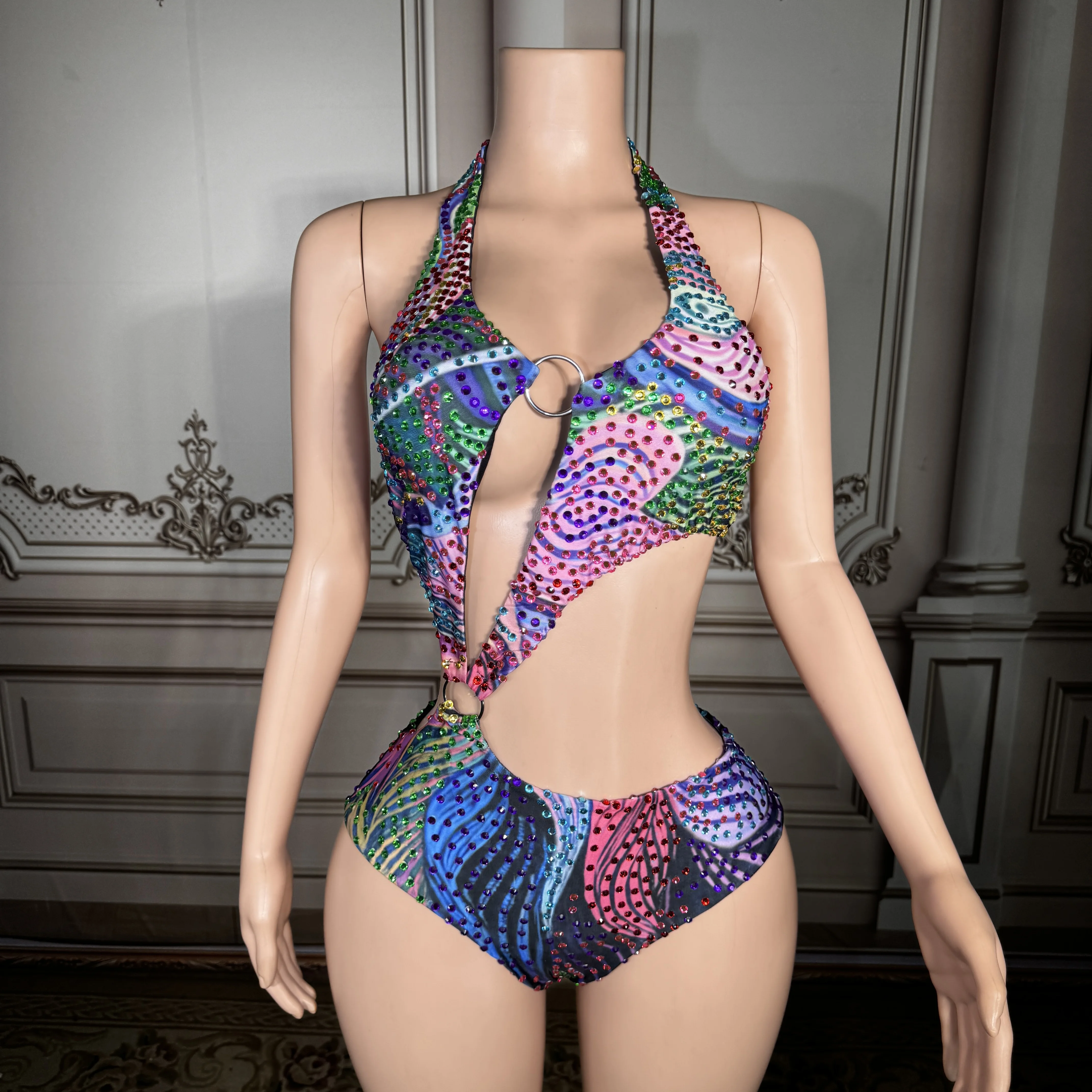 

Luxury Multicolor Vibrant Cutout Bodysuit Women Sexy Swirl Print Summer Beachwear Outfit
