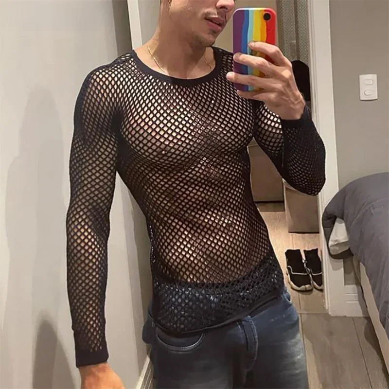 INCERUN 2024 Männer T Shirt Mesh Transparent Oansatz Langarm T-shirts Sexy Streetwear Fashion Party Nachtclub Männer Kleidung S-5XL
