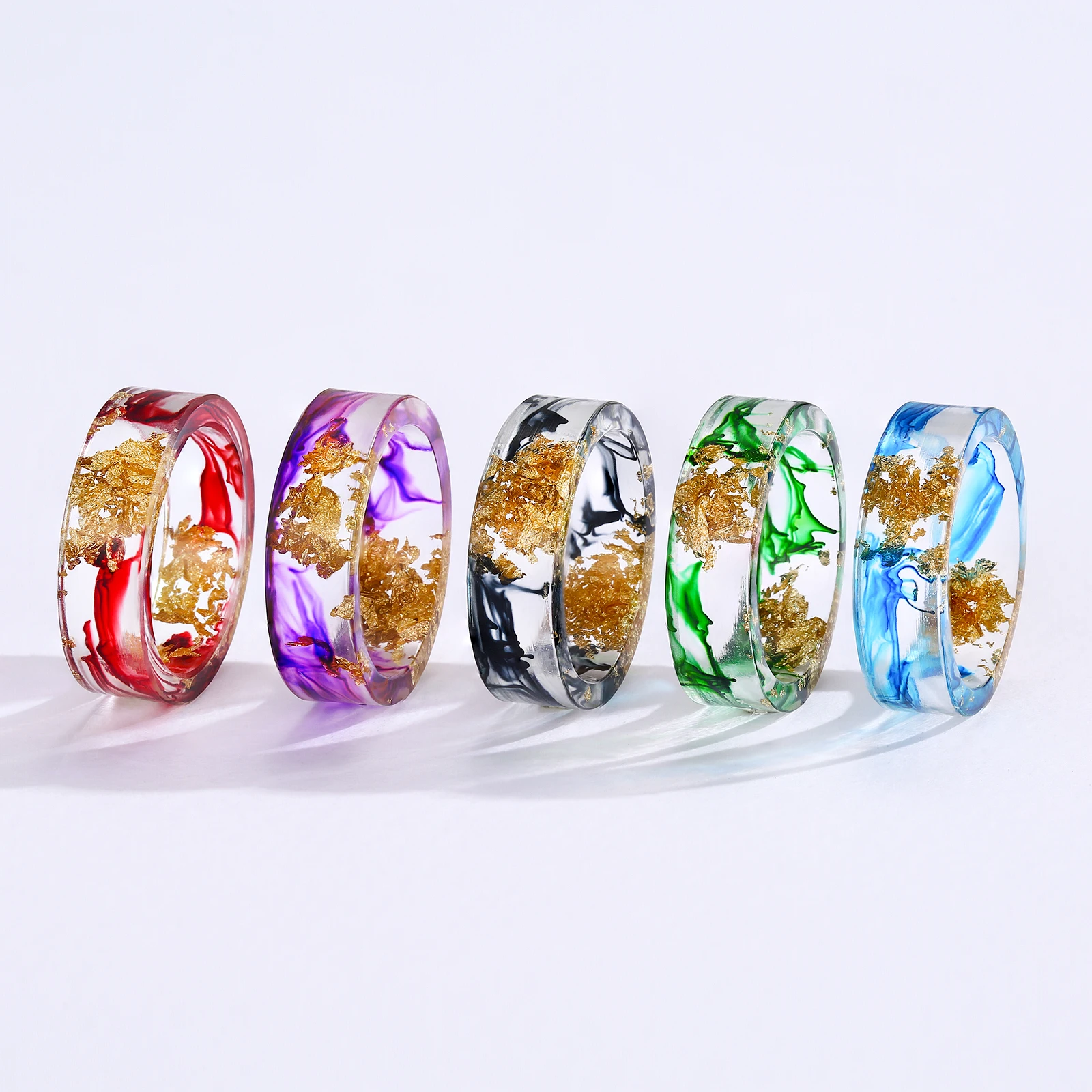 5.7mm Wide Hypoallergenic Transparent Resin Ring for Women, 2mm Thick Clear Band with Gold Foil Flakes, Artistic Fashion Jewelry
