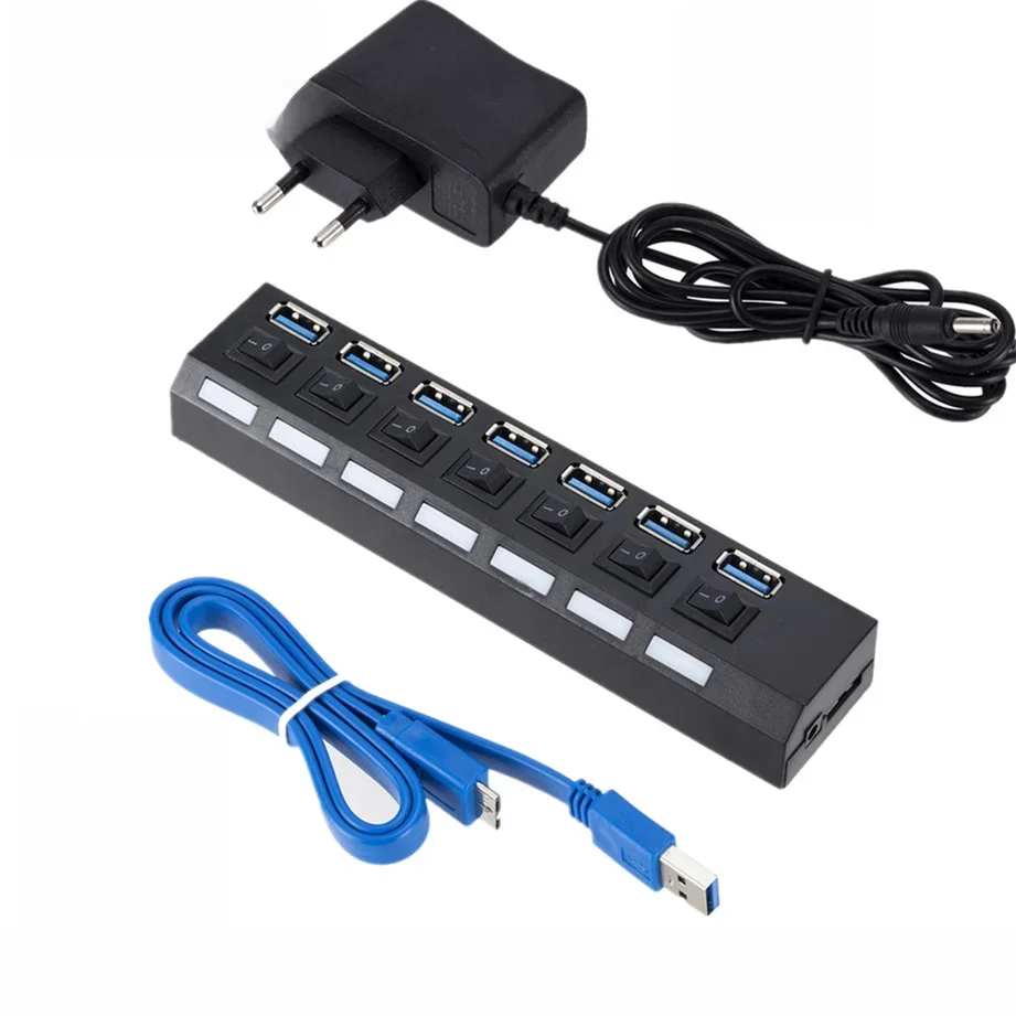 Hub USB 3.0 Hub USB 3.0 répartiteur Multi USB 3 Hab utiliser adaptateur secteur 7 ports extenseur Multiple 3.0 Hub USB3 avec commutateur pour PC
