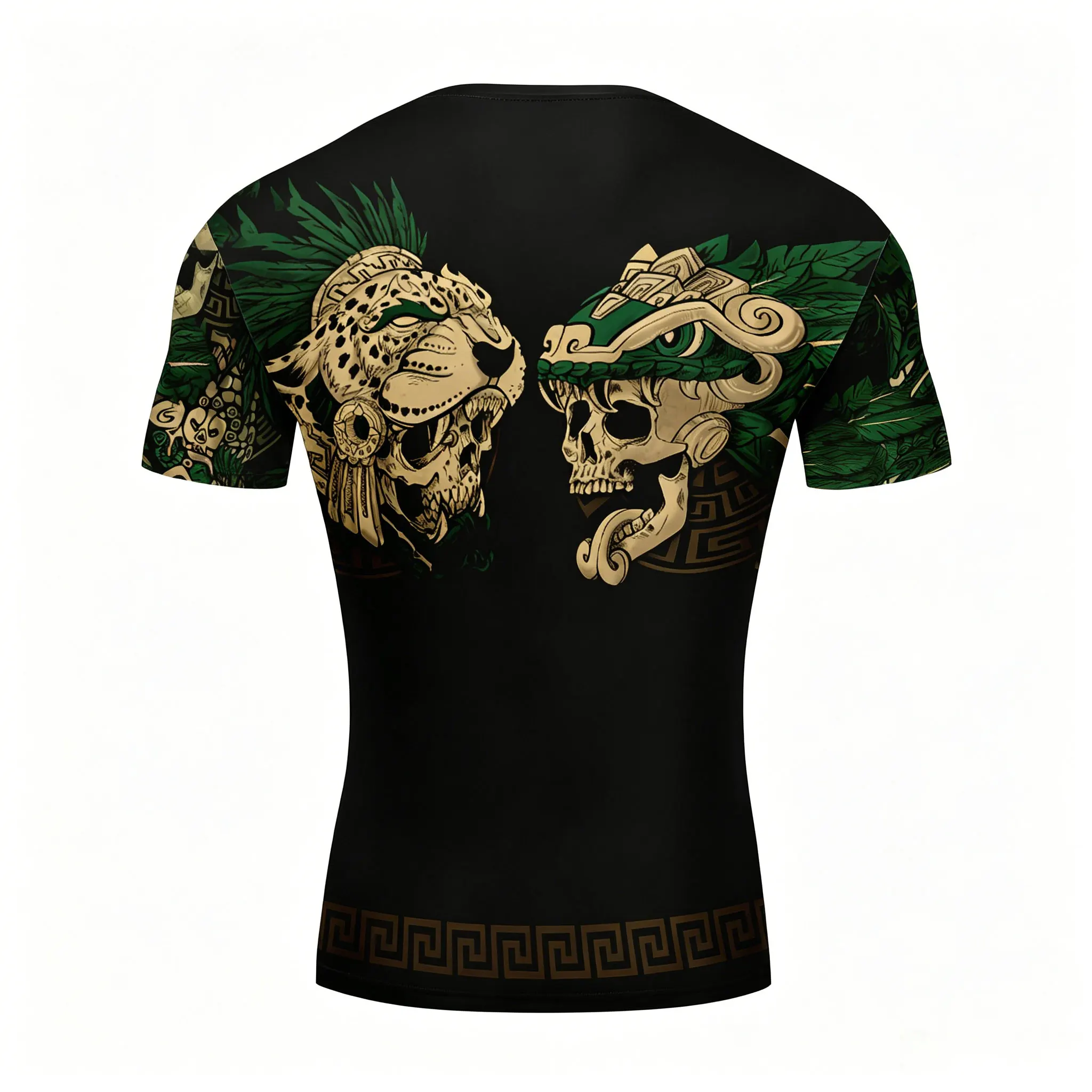 Men's Aztec Jaguar Quetzalcoatl Skull Full Print Compression T-Shirt, Green Gold Mayan Tribal Short Sleeve Gym Fitness Workout U