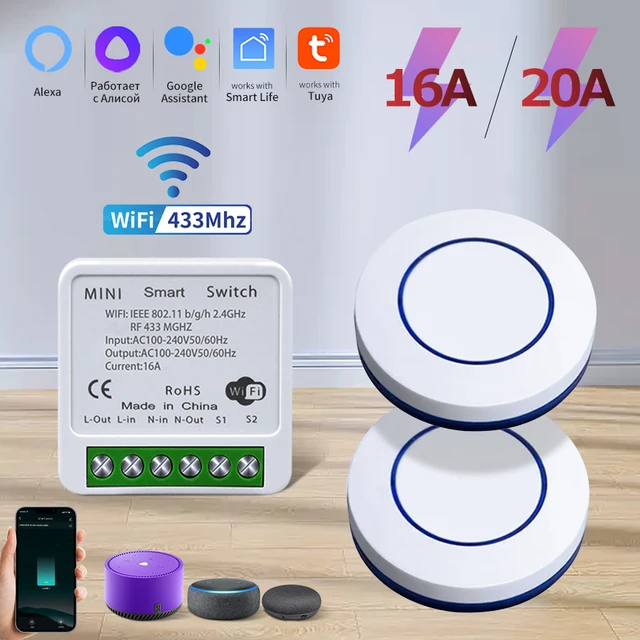 Okrągły bezprzewodowy przełącznik panelowy Mini włącznik światła 10A 20A odbiornik przekaźnikowy RF433Mhz + moduł WIFI nadajnik do sypialni