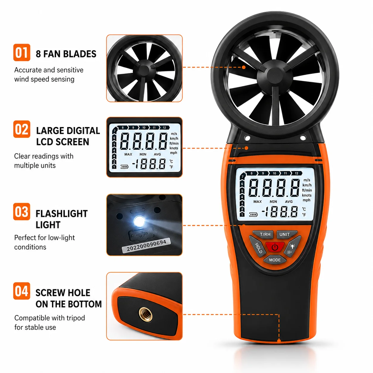 Professional Handheld Anemometer, Digital Wind Speed Temp Humidity Gauge, Rechargeable CFM Meter for HVAC Sailing Drone Golf