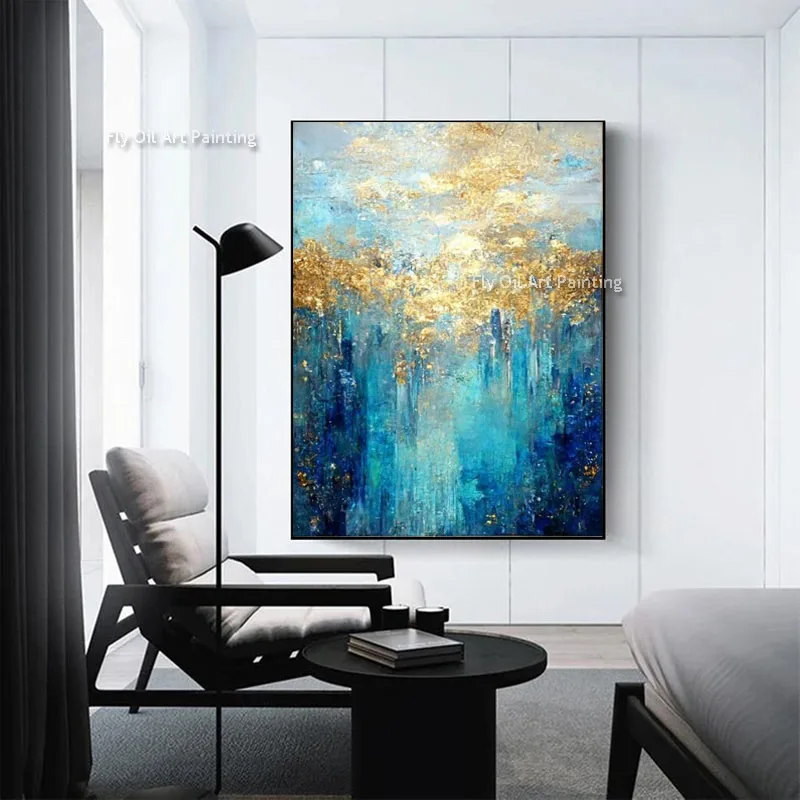 Modern Abstract oil Paintings Print on Canvas Handmade Blue Gold Foil Wall Art  Canvas Painting For Living Room Home Wall Decor