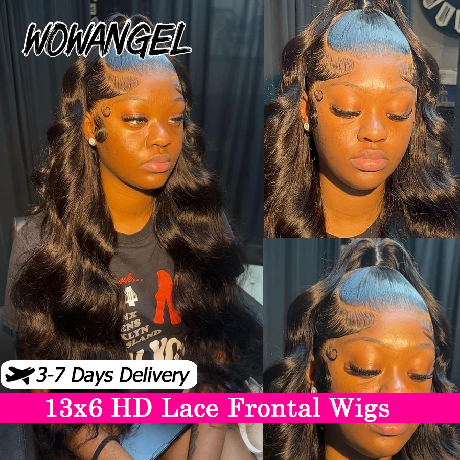 WowAngel 13x6 HD Spitze Frontal Perücken 34in Körper Welle Remy Echthaar Perücken Skins Geschmolzenes Vor Gezupft Brasilianisches Haar für Frauen