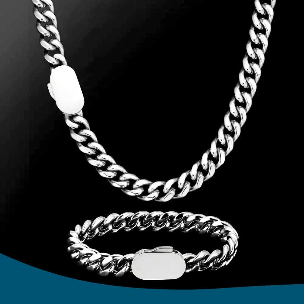 

10mm Thick Goldenery Cuban Chain Necklace Bracelet with Design Clasp - Chunky Stainless Steel Miami Hip Hop Neck Chains for Men