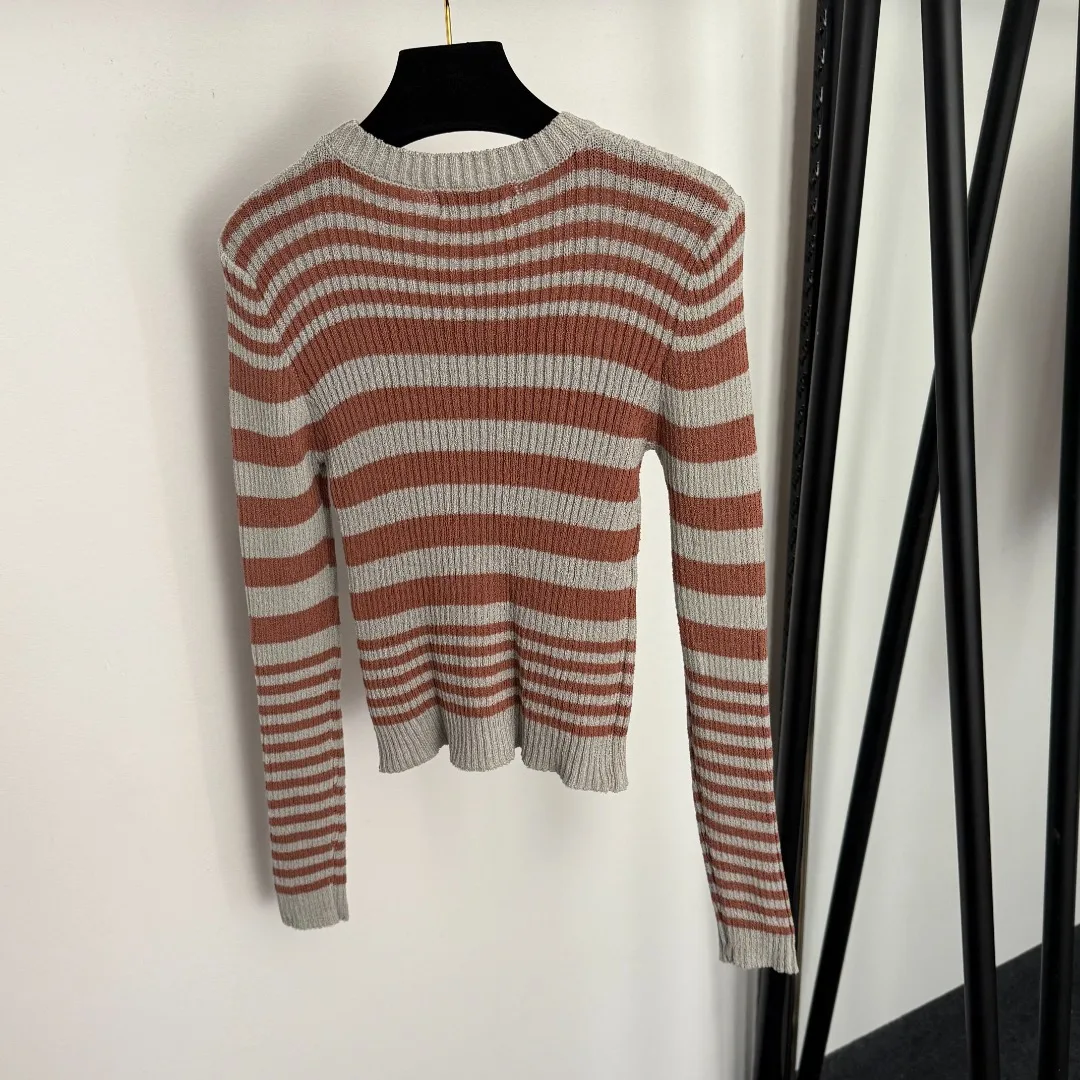 

2025 Colorblock Striped Knit Top with Logo, Women‘s Slim Fit Long Sleeve Sweater in Brown & Black