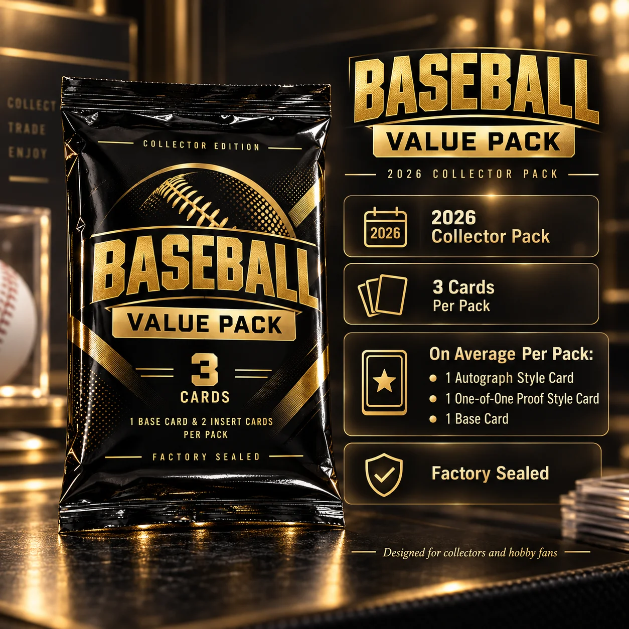 2026 Baseball Trading Card Pack, Factory Sealed Collector Pack with 3 Cards, Includes Autograph Style Card, Limited Proof Style Card and Base Card, Collectible Baseball Hobby Cards for Fans and Collectors