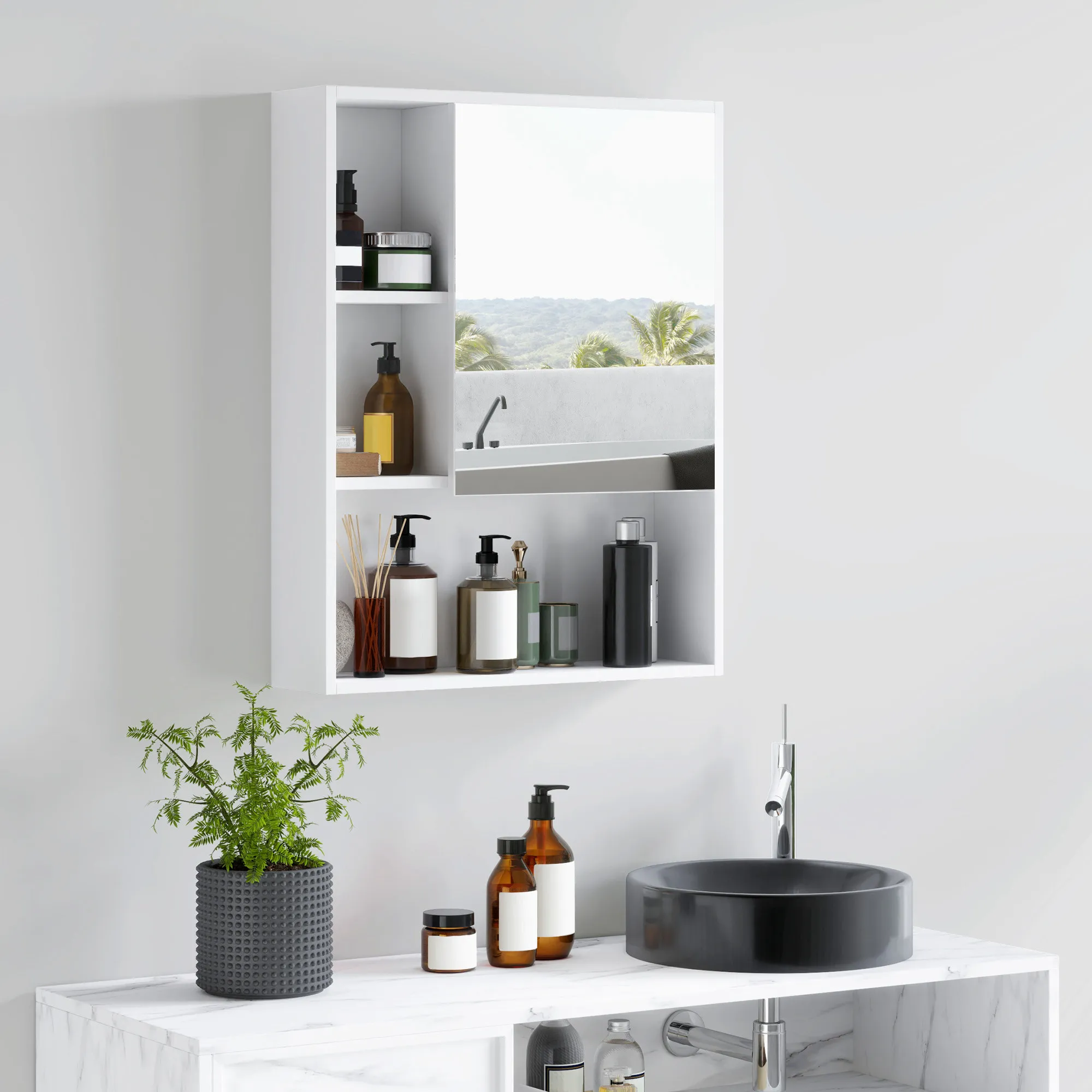 Armoire de salle de bain murale blanche avec miroir simple, 5 compartiments, étagères réglables, organisateur résistant à l'humidité pour salle de bain, douche, cosmétiques, soins de la peau, articles de toilette, meuble de rangement mural