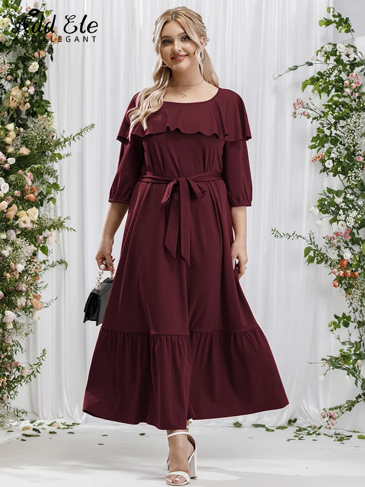 

Add Elegant 2022 Autumn Plus Size Dresses for Women Ruffles O Neck Waist Strap Half Sleeve Female Gentle Sweet Midi Dress B542