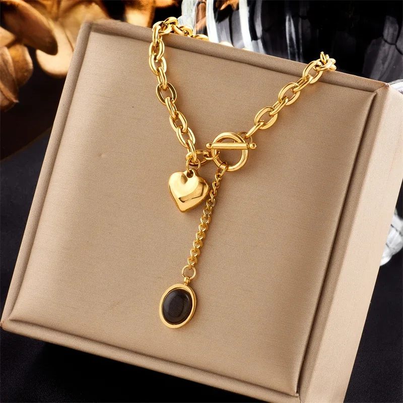 DIEYURO 316L Naszyjnik ze stali nierdzewnej z czarnym kamieniem dla kobiet Nowy trend Biżuteria dla dziewcząt OT-Buckle Chain Biżuteria Świąteczne prezenty — zdjęcie 2