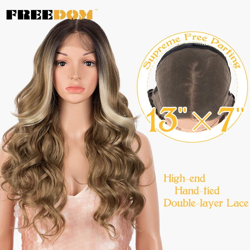 

FREEDOM 13x7 Synthetic Lace Frontal Wig For Women 30" Body Wave Full Lace Wig Ombre Black Wig With Blonde Highlight Cosplay Wigs