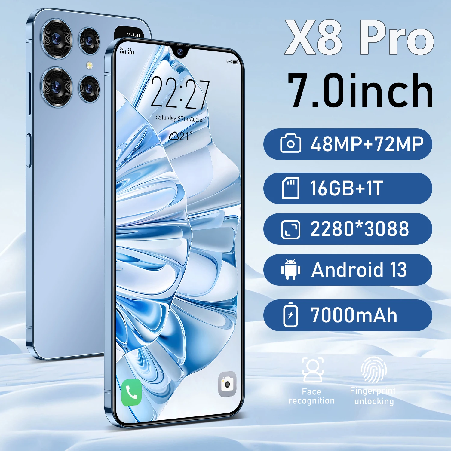 

HOT 2025 X8 Pro 7.3HD Global Edition Original Smart Dual Card 7800mAh Battery Facial Recognition Function