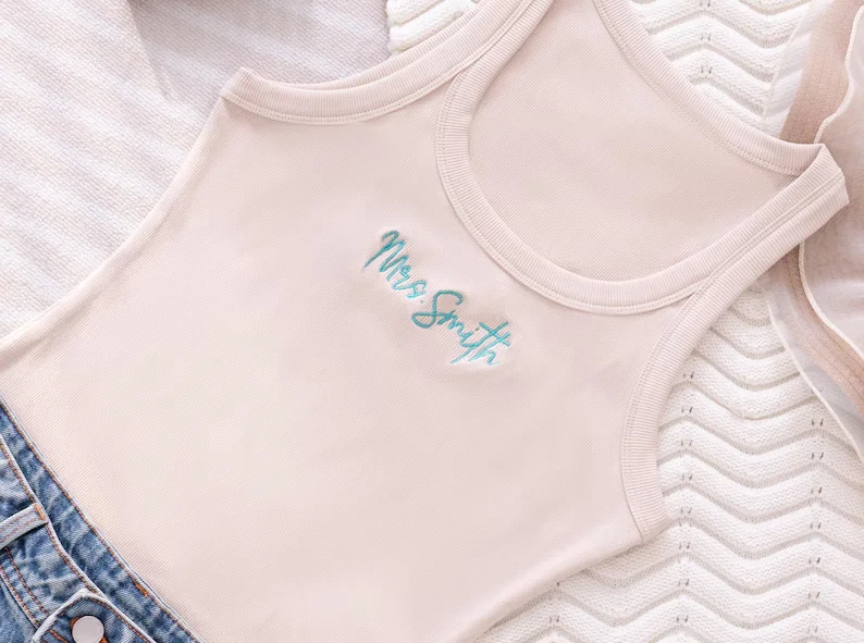 Womens Tank Top Wedding Embroidered Gifts Bridesmaid Pajamas Bride to Be Tank Spaghetti Strap Tank Tops Personalized Mrs Tank