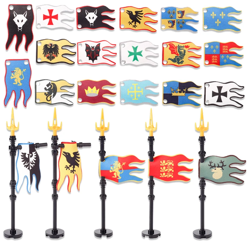 Kit de bloques de construcción de bandera de Caballeros de Castillo Medieval, pancarta templario militar, águila, León, Lobo, accesorios de soldados, juguete de ladrillos