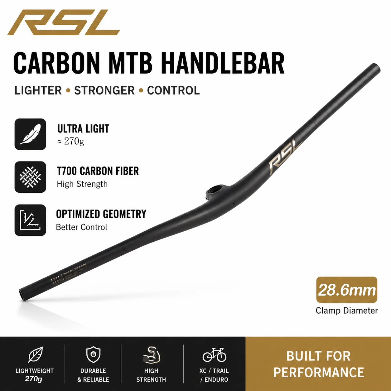 RSL Carbonfaser-MTB-Lenker, 28,6 mm, Fahrradlenker, 27,5 mm Rise, 35/45/55 mm, für XC/Trail/DH, Fahrradzubehör