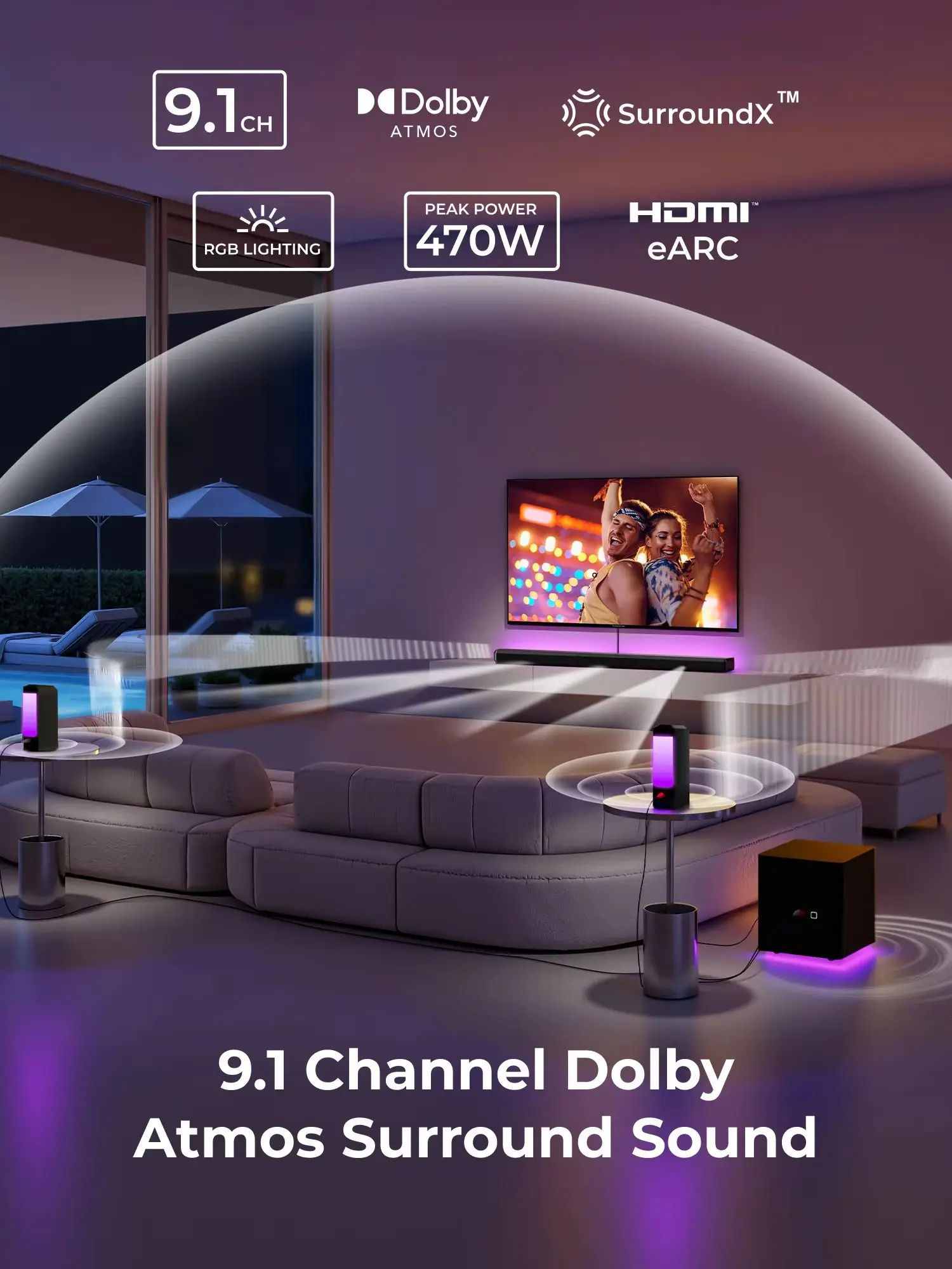 ULTIMEA 470W 9.1-Kanal Dolby Atmos Abnehmbare Soundbar mit Subwoofer & Surround-Lautsprechern, Surround-Sound-System für TV, RGB-Beleuchtung