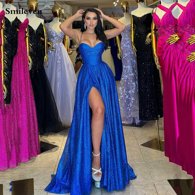 Smileven Blue Glitter Tulle Prom Dress A Line Spaghetti Strap Shiny Party Gowns Side Split Formal Evening Dress 2024 Customized