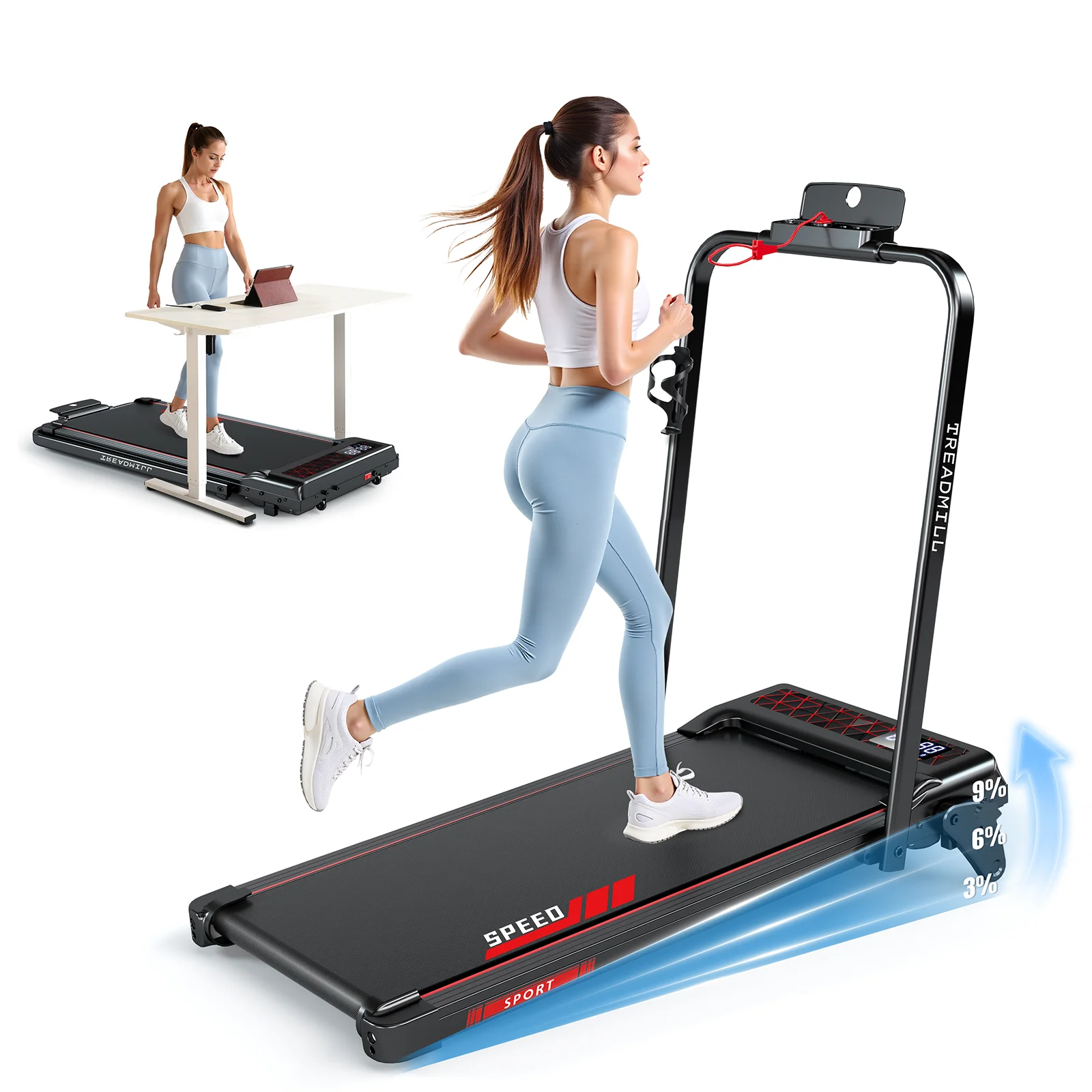 Tapis de course pliable intelligent, 4 modes, inclinaison de 9 %, écran LED, moteur silencieux de 2,5 CV