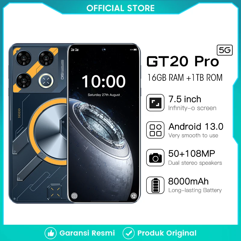 GT20 프로 스마트폰 5G 7.5 인치 HD 16G + 1TB 휴대폰, 듀얼 SIM 휴대폰, 8000mAh 휴대폰, 안드로이드 잠금 해제, 인기 2024 신제품 