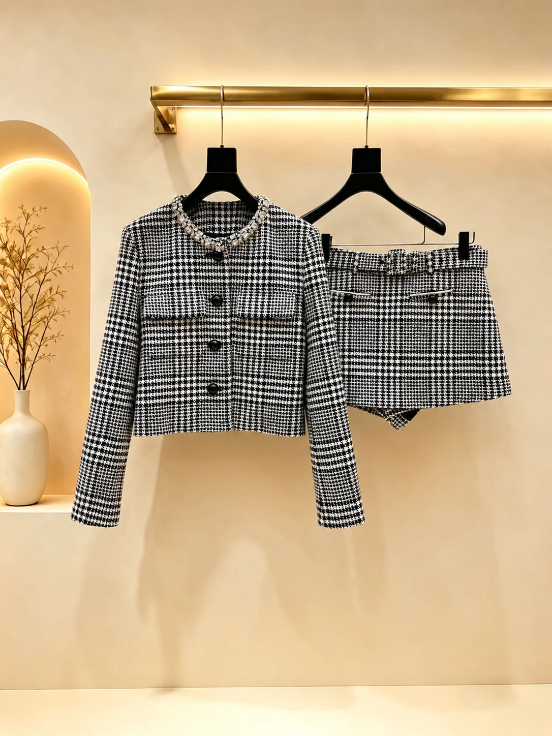 2026 Women Two Piece Vintage Check Long Sleeve Jacket Heavy Rhinestone Neck Trim & Belted Skort