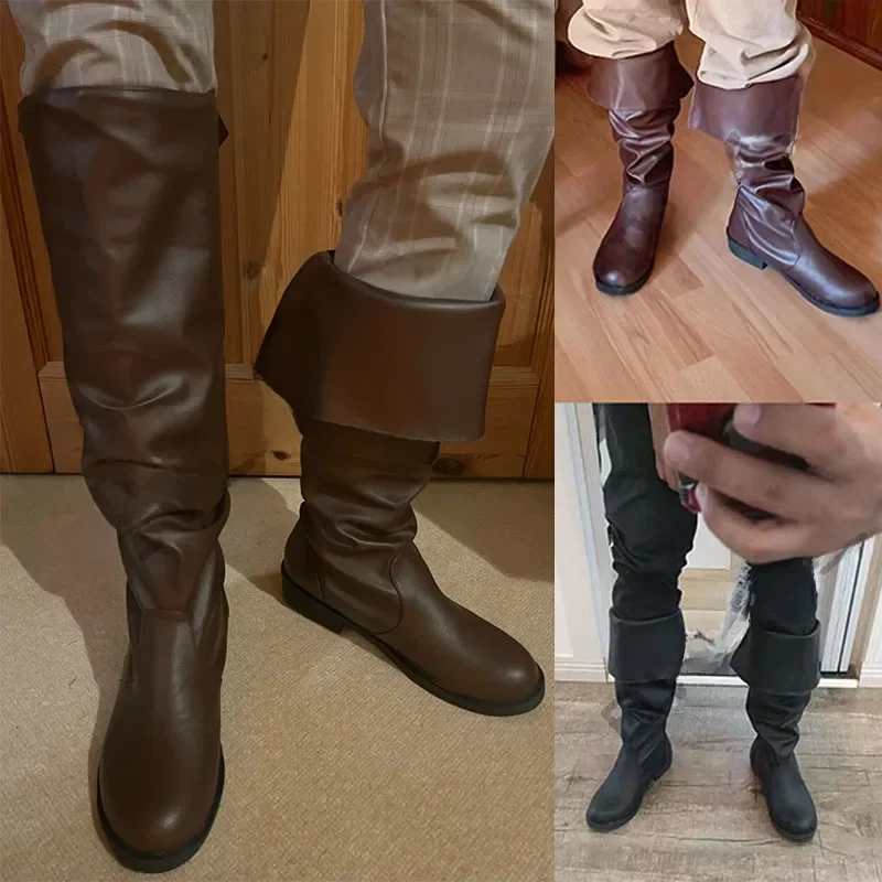 Męskie buty średniowieczne buty za udo płaskie buty męskie Retro kowbojskie buty ze sztucznej skóry czarne brązowe buty Cosplay — zdjęcie 2