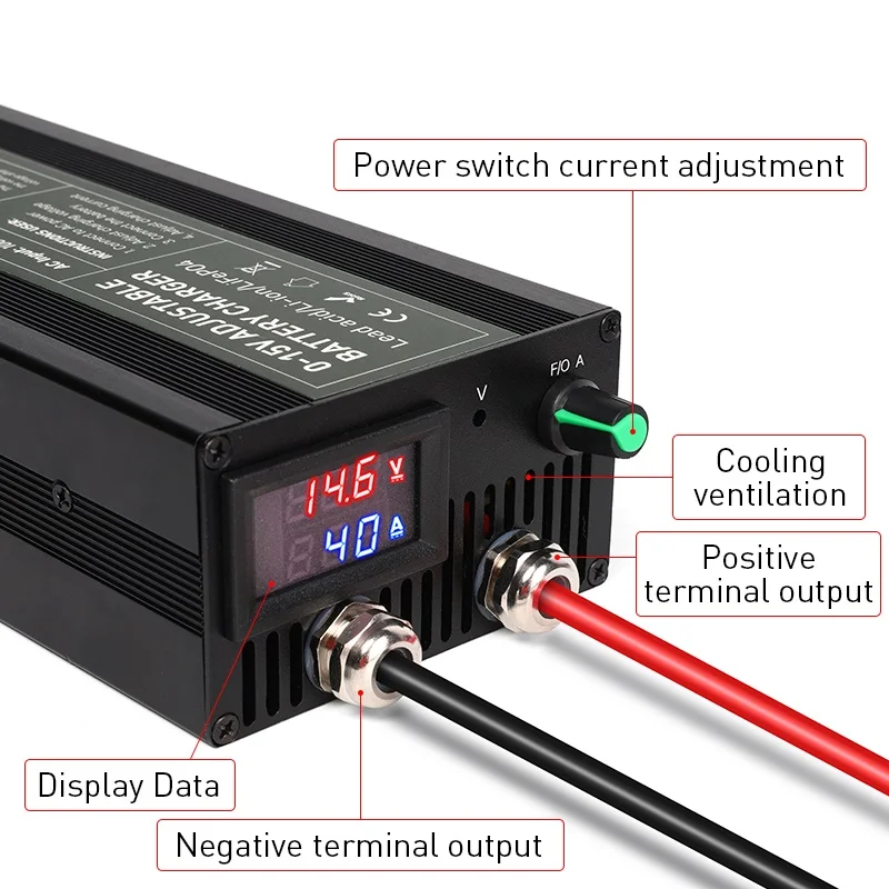 14.6V Fast Battery Charger Fully Automatic 0-15V Adjustable 200AH 300AH LiFePO4 RV Solar Battery Charging 60A 100A Power Adapter