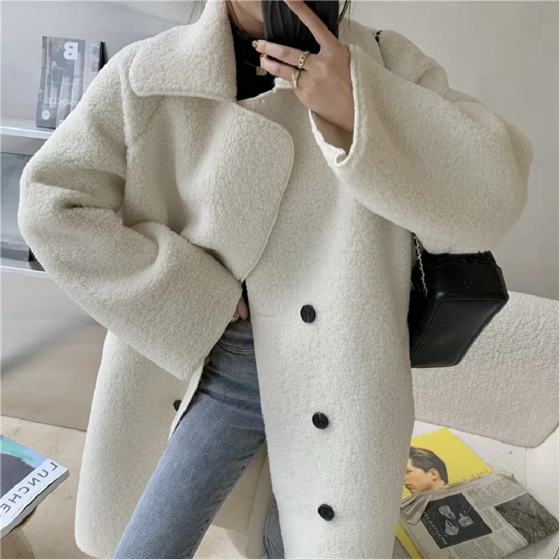 Winter Ins Long Coat Women's Loose Warmth Lamb Hair Thickened Cardigan Apricot Black Jackets