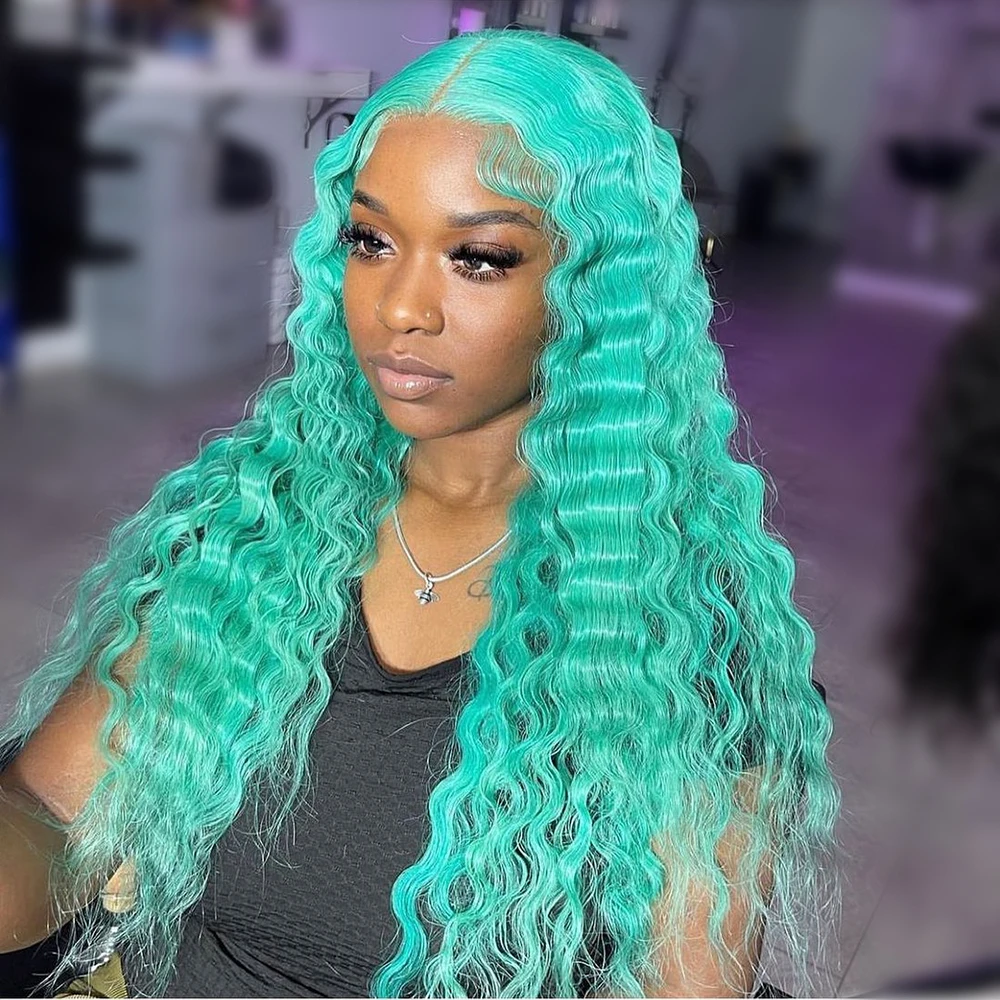فضفاض موجة عميقة 13x6 الدانتيل الباروكة الأمامية سماوي أخضر باروكة من شعر طبيعي قبل قطعها الأزرق 13x4 الدانتيل الشفاف الباروكات الأمامية للنساء #4