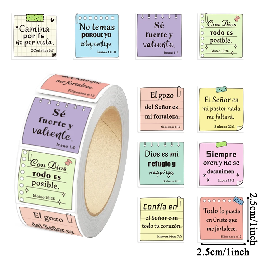 500 Pcs Spanish Bible Verse Stickers Roll, Inspirational Faith Quote Labels for Journals, Gift Packaging
