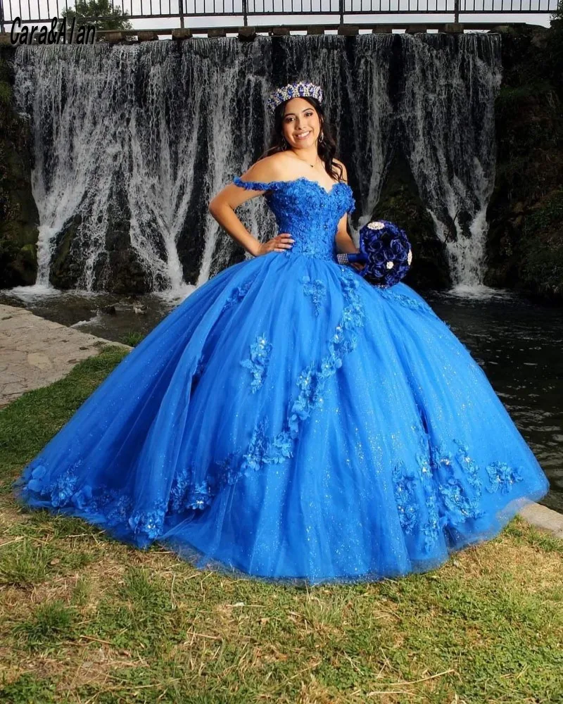 Cara & Alan-elegante vestido de quinceañera azul para niña, vestido de fiesta de 15 años, con apliques florales