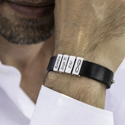 Customized Family Names Bracelet for Men Personalized Engraved Stainless Steel Beads Leather Bracelets Bangle Father's Day Gifts