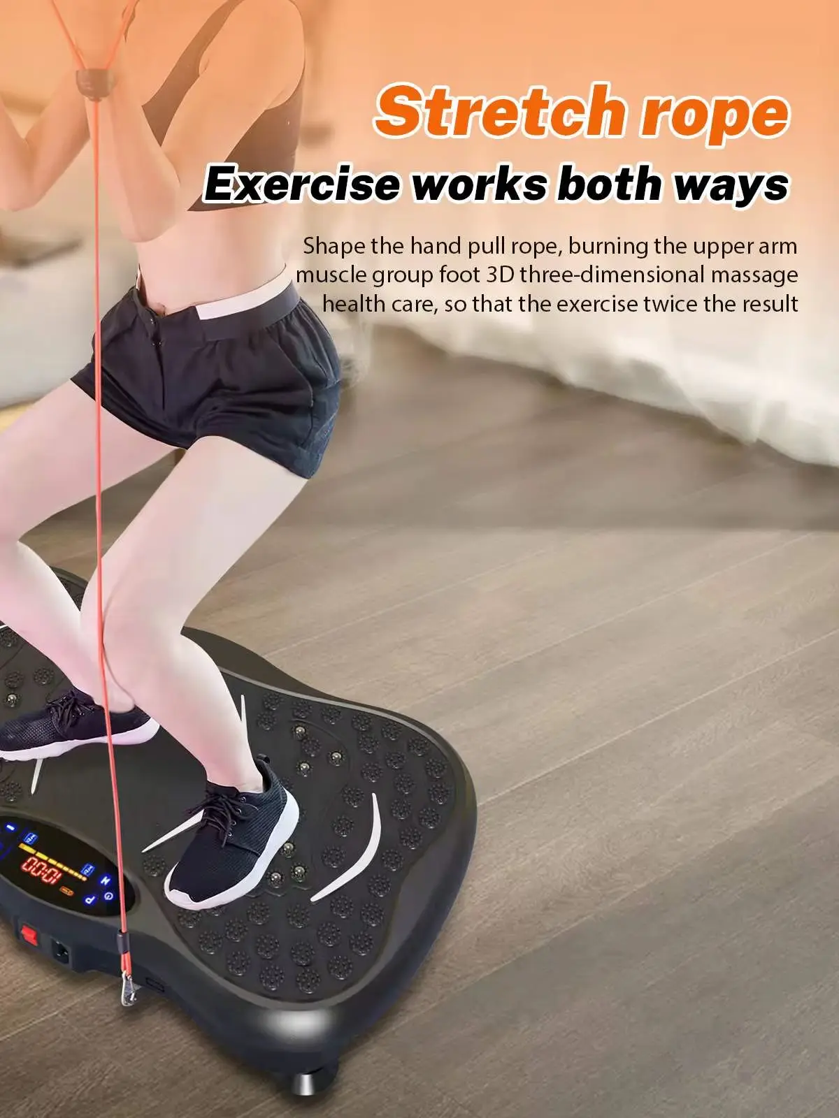 Ganzkörper-Vibrationsplatte, Trainingsgerät, 99 einstellbare Vibrationsgeschwindigkeiten, 5 automatische Modi, integrierter Bluetooth-Lautsprecher, LED-Anzeige, Fernbedienung, 2 Widerstandsbänder,