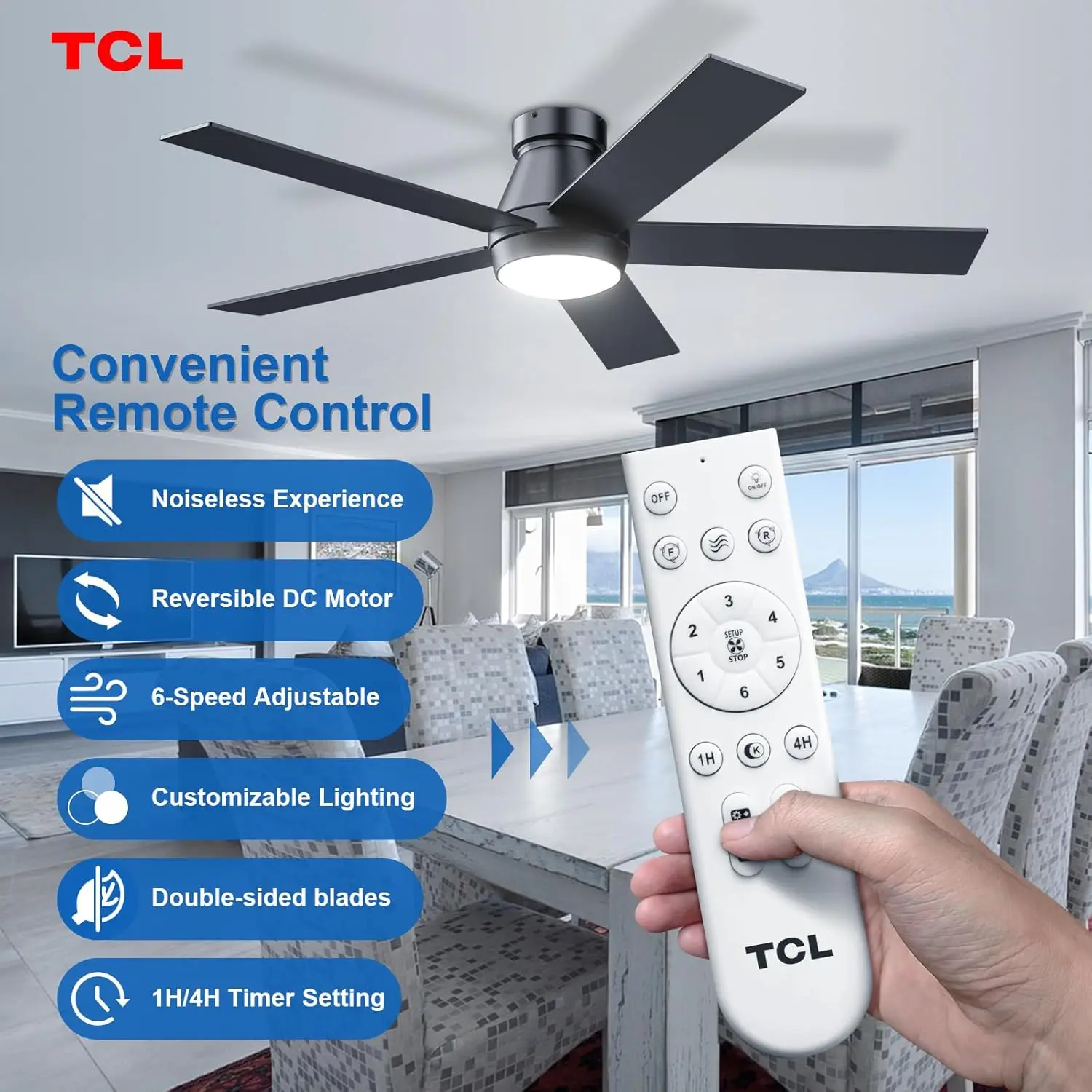 TCL الحديثة الأسود 52 بوصة الذكية LED مروحة السقف مع أضواء 5 شفرات 6 سرعات التحكم عن بعد موتور تيار مباشر لغرفة المعيشة غرفة نوم