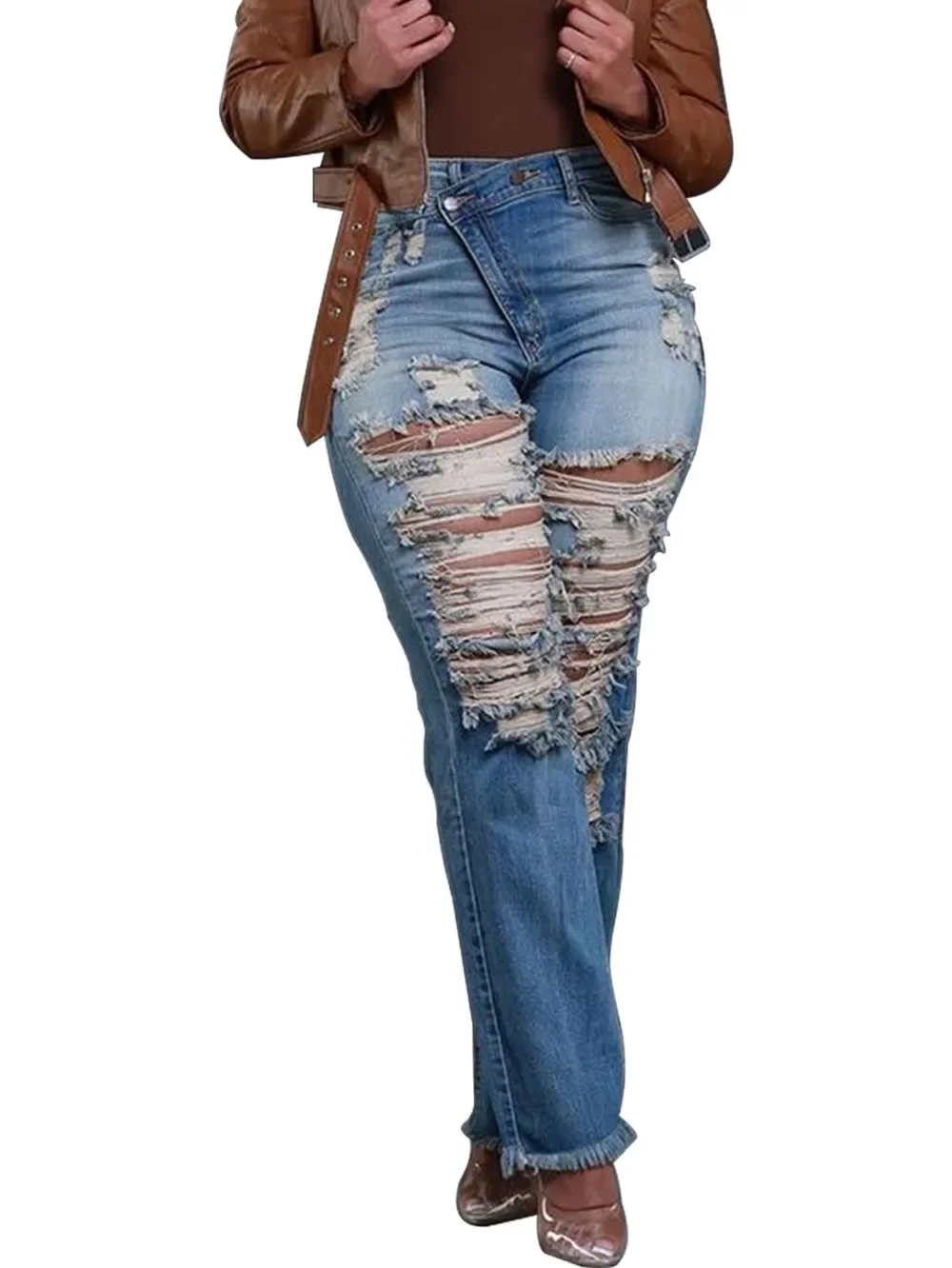 Dżinsy do kostek damskie ołówkowe spodnie dżinsowe z dziurami zgrywanie kieszenie wysokiej talii Jean Skinny Streetwear zapinane na guziki w trudnej sytuacji — zdjęcie 2