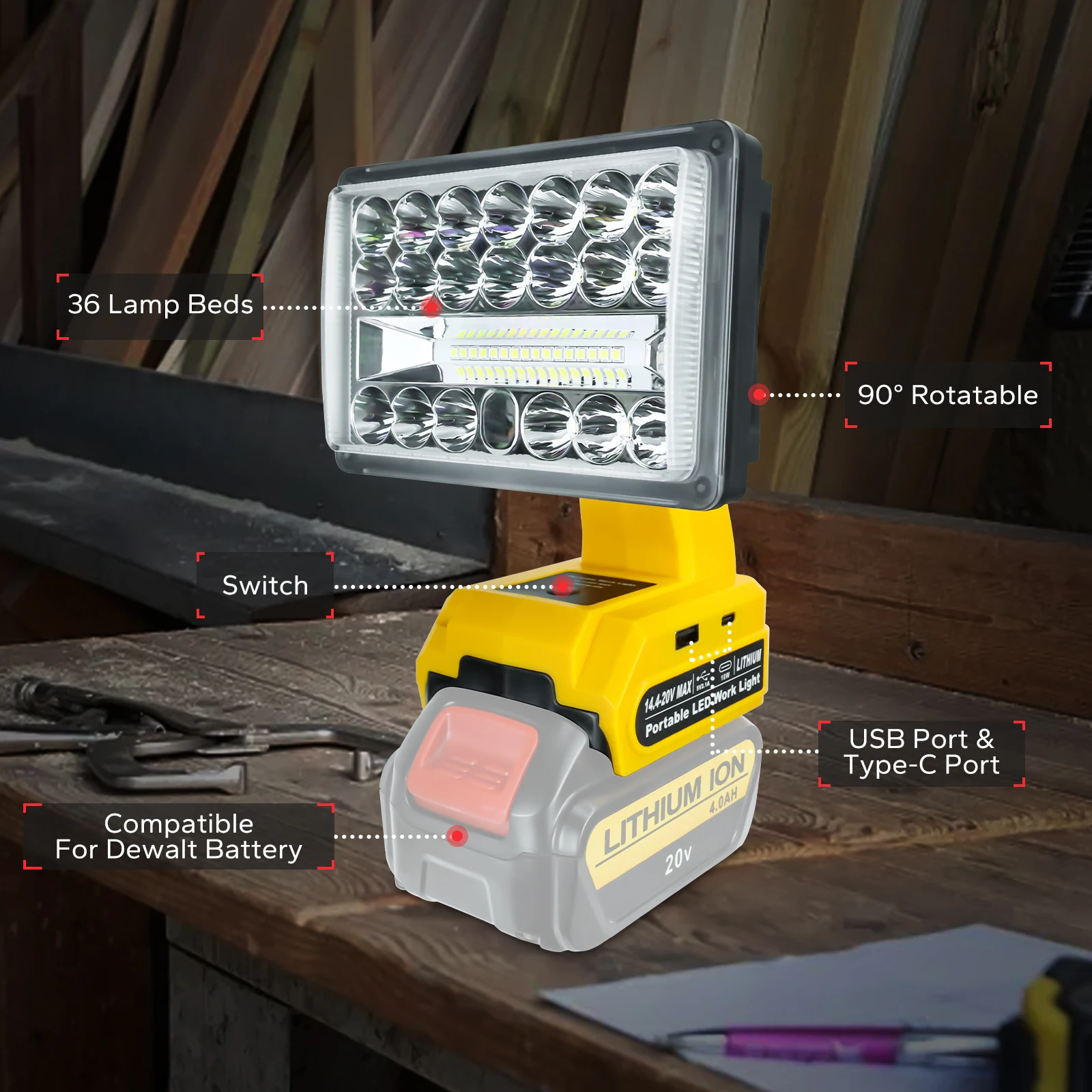 5inch 28W LED Working Lamp Light Flashlight Torch Spotlight Type-C USB Power Bank for Dewalt 20V Li-ion Battery (No Battery)