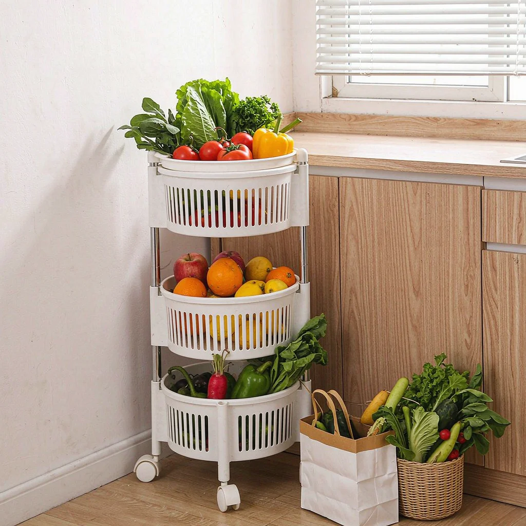 Witte, drielaagse fruitkar met wielen, geschikt voor verschillende doeleinden, met draaibare mand voor gebruik in de keuken, badkamer of woonkamer, ruimtebesparende groentenorganizer.