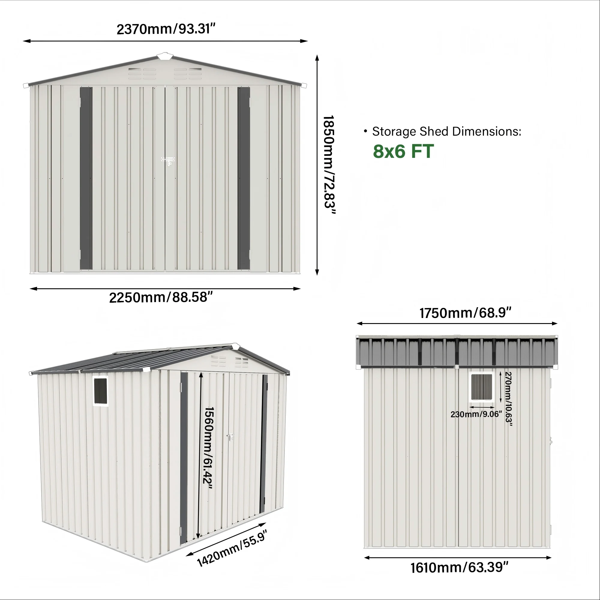 8X6 FT Metal Outdoor Garden Storage Shed, Tool Shed with Pitched Roof Waterproof with One Window and Two Lockable Door, Metal Tool Shed for Garden Tool Storage, Sundries and Bike Storage, White + Gray