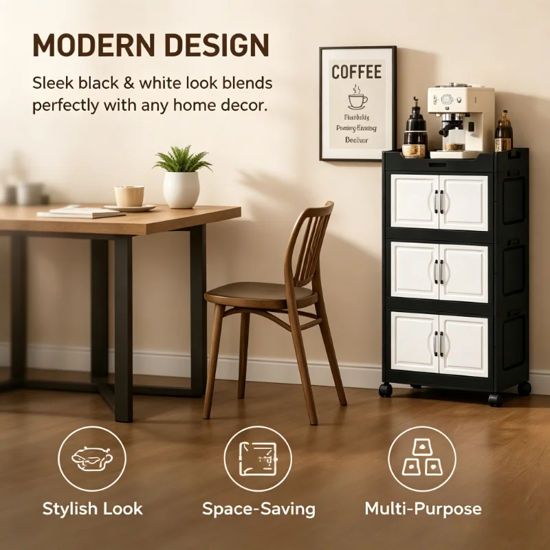 Black and white foldable storage cabinet, stackable folding rolling organizer with top shelf, flip doors, and wheels. Large capacity, multifunctional coffee bar cabinet, perfect for coffee areas, kitchen pantries, living rooms, snacks, mugs, coffee capsul