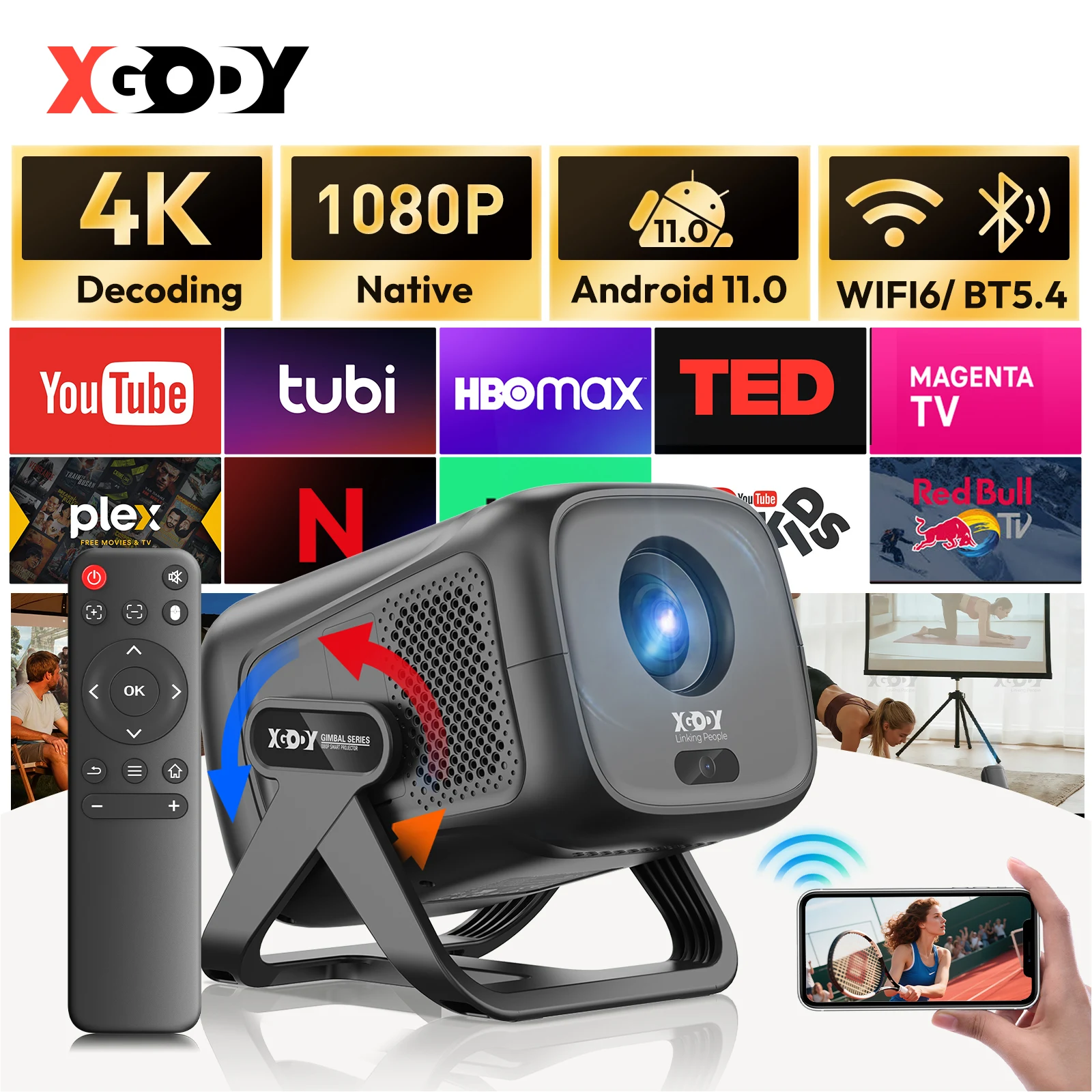 Mini proyector XGODY 4K de 450 lúmenes ANSI con enfoque automático, resolución nativa de 1080p, Android 11, corrección trapezoidal, Wi-Fi 6, Bluetooth, Air Mouse, asistente de voz y sistema de cine en casa