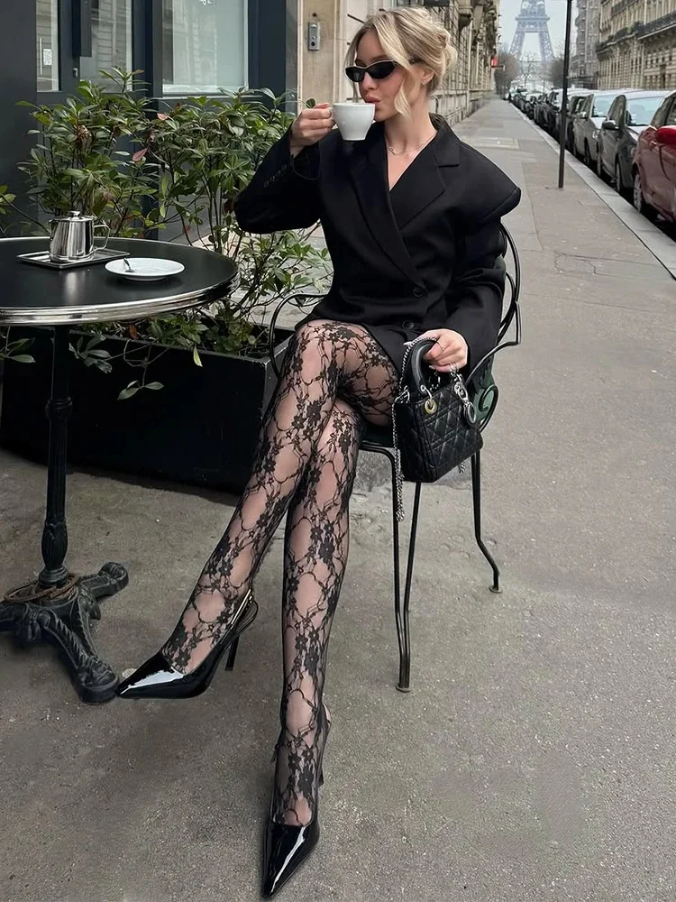 Hollow koronkowe rajstopy damskie letnie seksowne przepuszczalne czarne kwiatowe obcisłe pończochy letnie seksowne szczupłe eleganckie rajstopy pończochy — zdjęcie 2