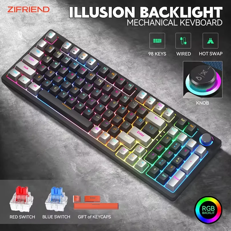 

ZIFRIEND ZA98 98 Keys Grey Black Machanical Keyboard 90% 100% Full Size Hot Swappable RGB Backlit USB Wired NKRO ABS Keycaps