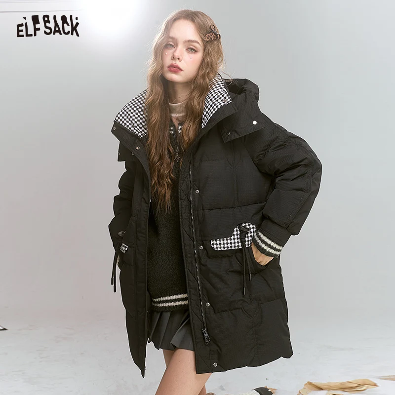 ELFSACK 2024 invierno nuevas llegadas estilo Preppy chaqueta de plumón de retazos a cuadros con capucha de longitud media para mujer