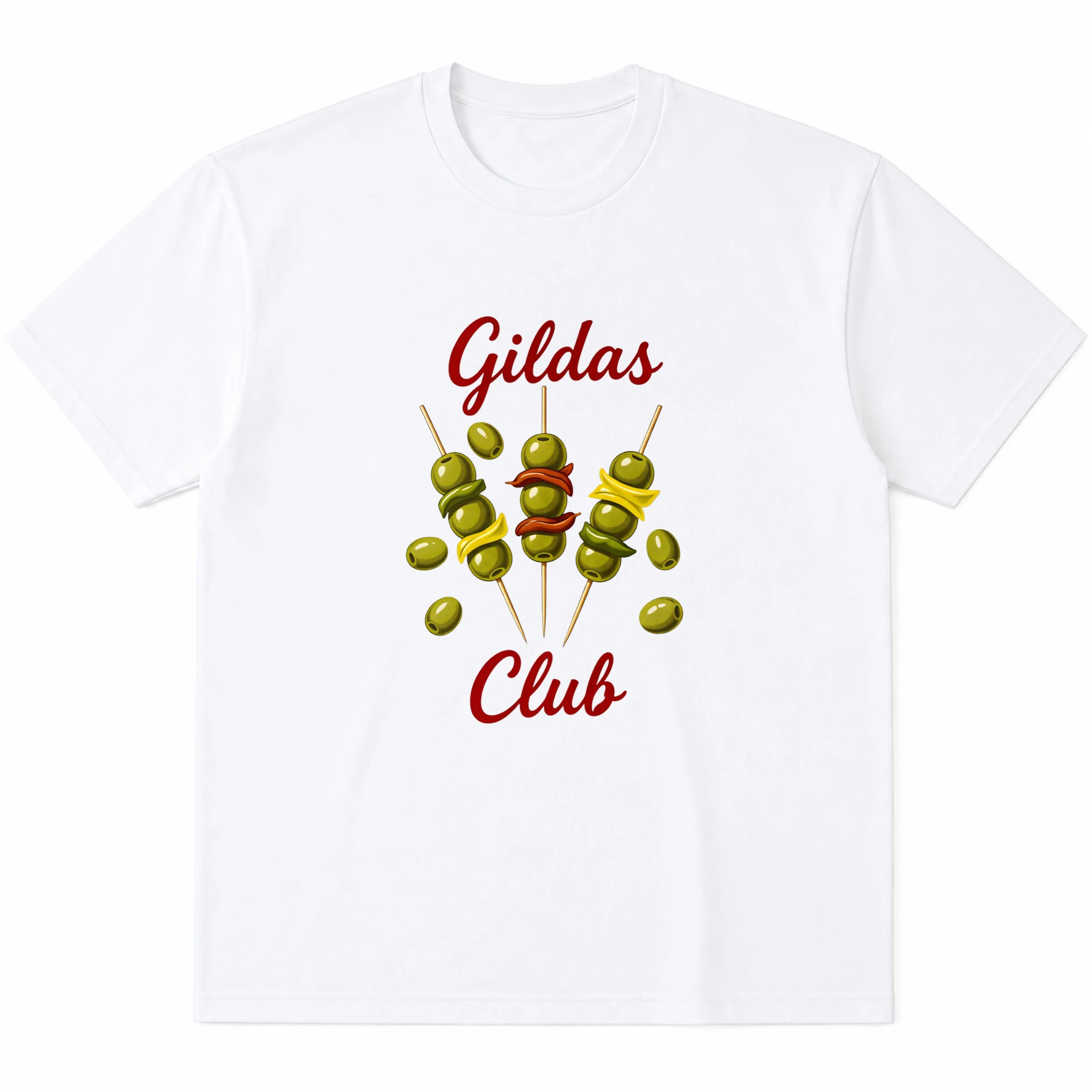 Maglietta Gildas Club Pincho Tapas Olive Spagnole Antipasto Regno dei Basci, Regalo per Amanti del Cibo, Cotone Bianco, Unisex, Manica Corta