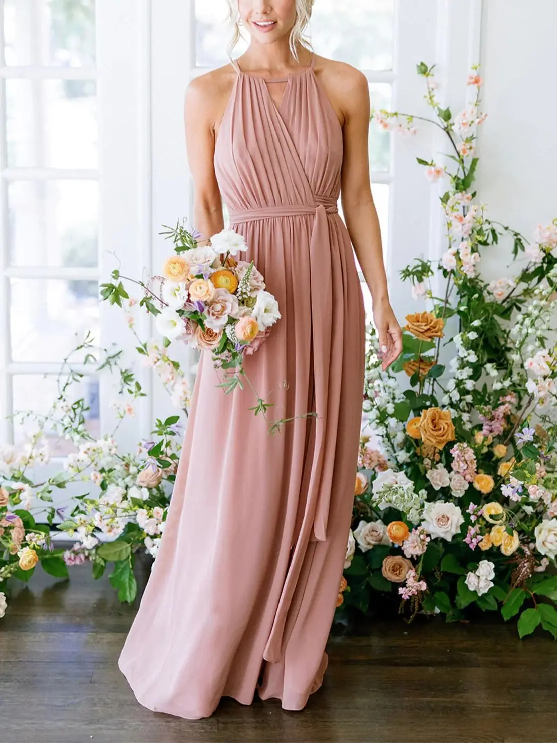 Customized Bridesmaid Dresses Tie Sleeveless Pink Burgundy Wedding Guest Party Belted Chiffon Vestido De Festas Longo Casamento